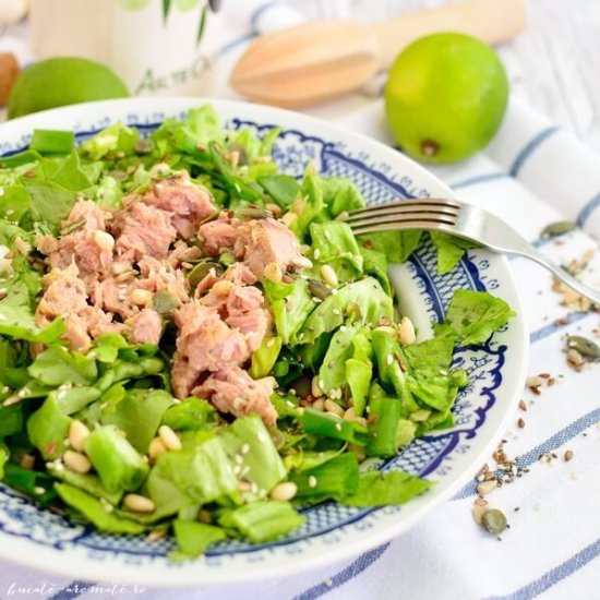 Green lettuce with tuna and seeds
