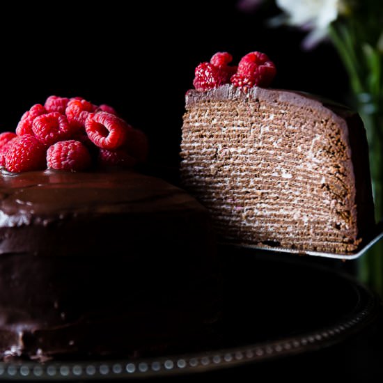 Chocolate Raspberry Crepe Cake