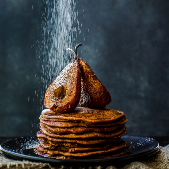Chocolate Pancakes w/ Roasted Pears