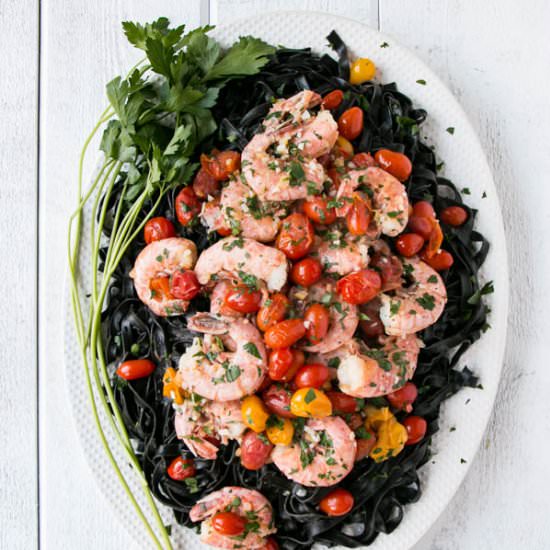 Squid Ink Pasta with Prawns