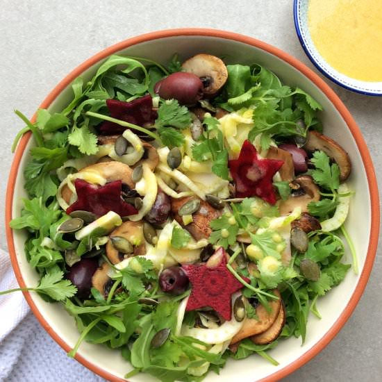 Warm Mushroom Fennel Olive Salad