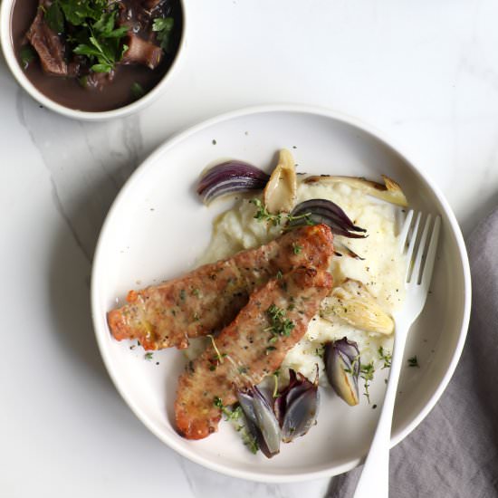 Sausages & Mash with Red Wine Gravy