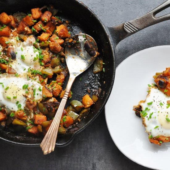 Spicy BBQ Sweet Potato Hash & Eggs