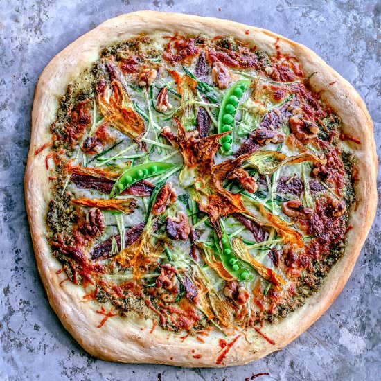 Zucchini Pizza + Squash Blossoms