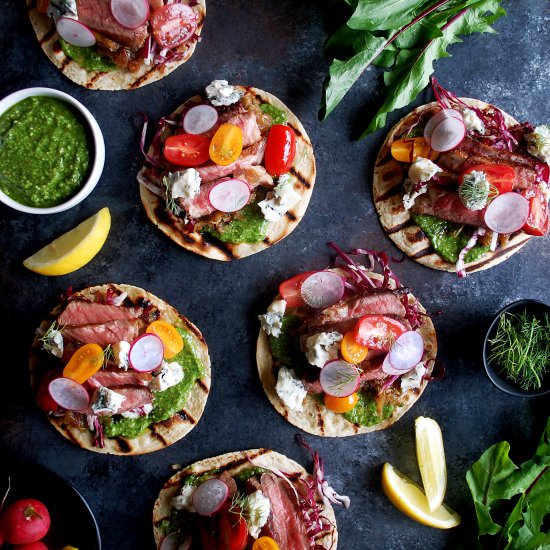 Steakhouse Tacos with Arugula Pesto