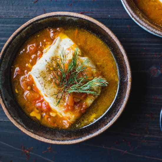 Saffron Broth Poached Sea Bass