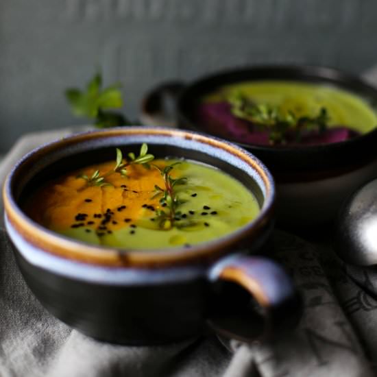 carrot and pea veloutes in one bowl