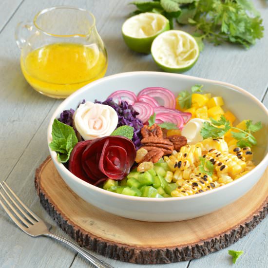 Rainbow salad with spiced pecans