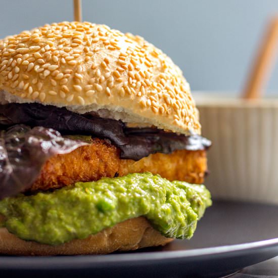 Tofu Burger with Pea and Caper Mayo