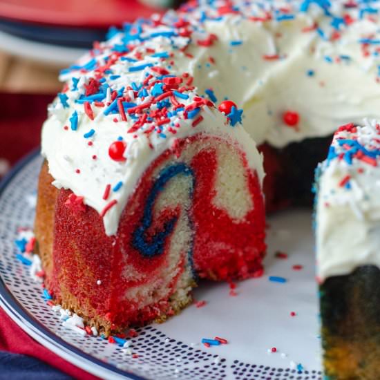 red, white, & blue swirl bundt cake