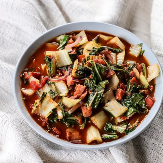 Bok Choy and Bacon in Tomato Sauce