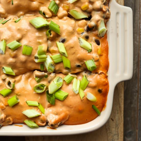 Vegan Cheesy Mexican Tortilla Bake