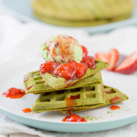 Matcha Waffles with Strawberry Sauce