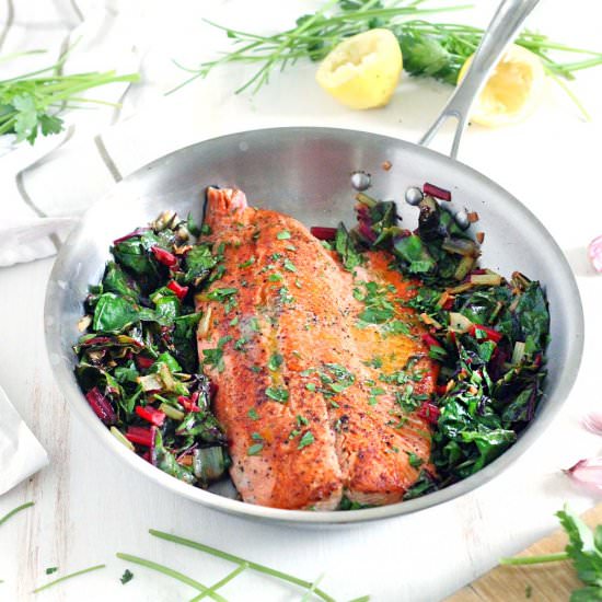 Garlic Butter Salmon + Swiss Chard