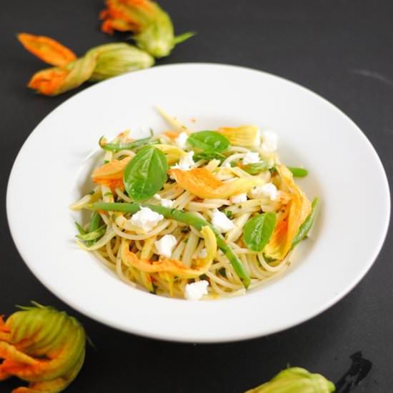 Summer pasta with squash blossoms