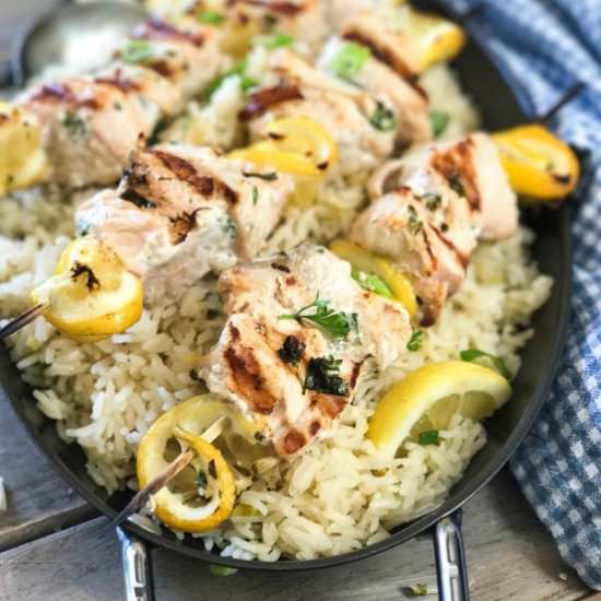 Salmon Kabobs with Lemon Rice