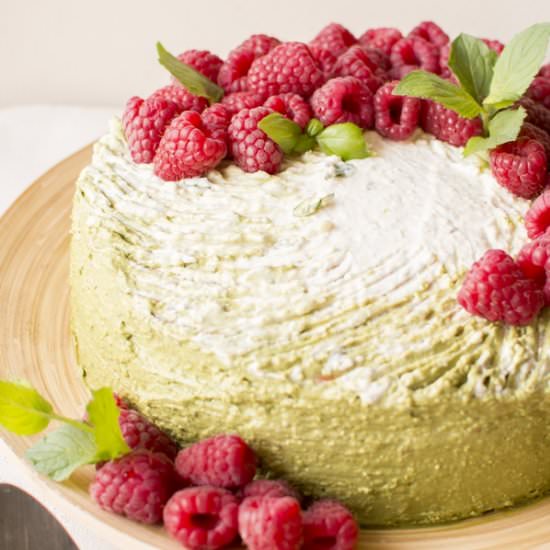 Matcha Coconut Cake with Raspberries