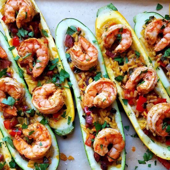 Paella Stuffed Zucchini + Shrimp