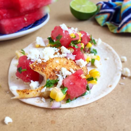 Fish Tacos w/ Watermelon Corn Salsa