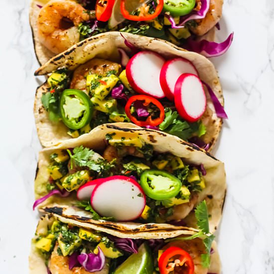 Shrimp Tacos with Mango Chimichurri