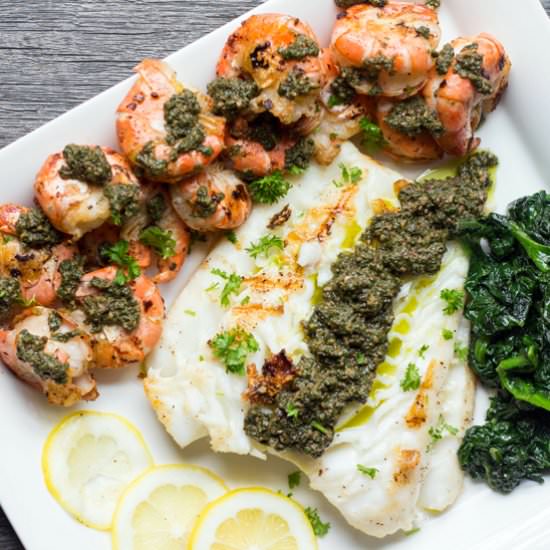 Sea Bass and Shrimp Surf ‘n Surf