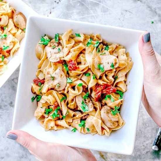 egg noodles w pesto + mushrooms