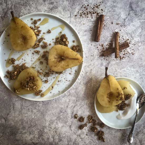 Poached Pears With Quinoa Granola