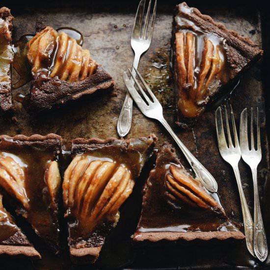 Chocolate whiskey pear tart