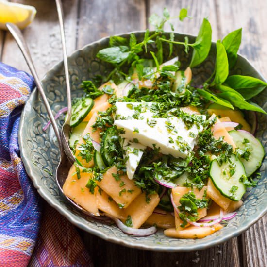 Cucumber Melon Salad w/ Feta + Mint