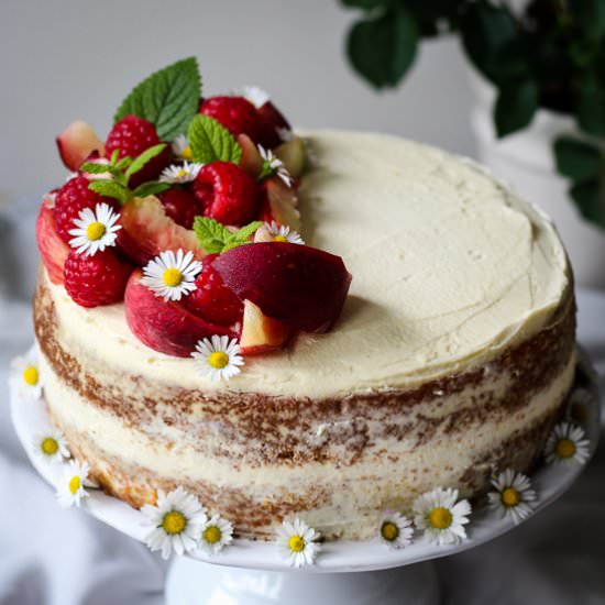 Raspberry Peach Mascarpone Cake