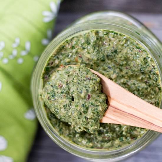 NO-GARLIC BEET GREEN WALNUT PESTO