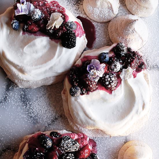 Pavlovas with Roasted Berries