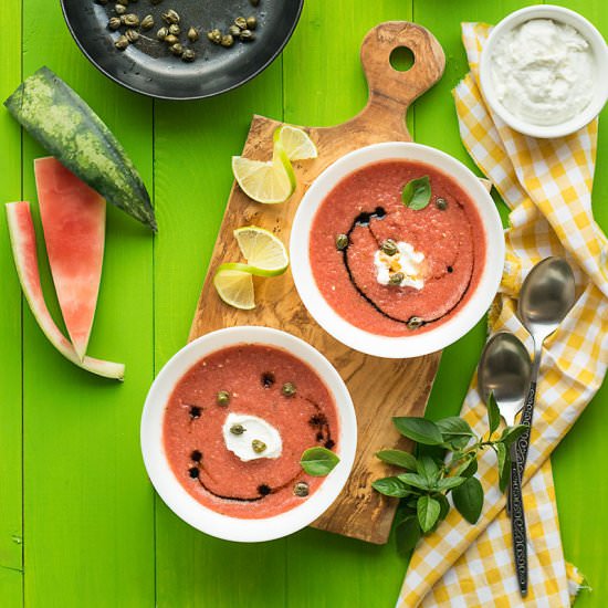 Watermelon gazpacho with feta cream