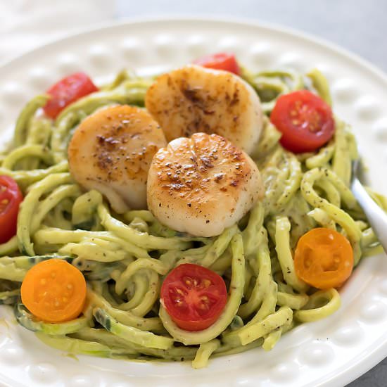 Scallops, Zucchini Noodles, and Avocado