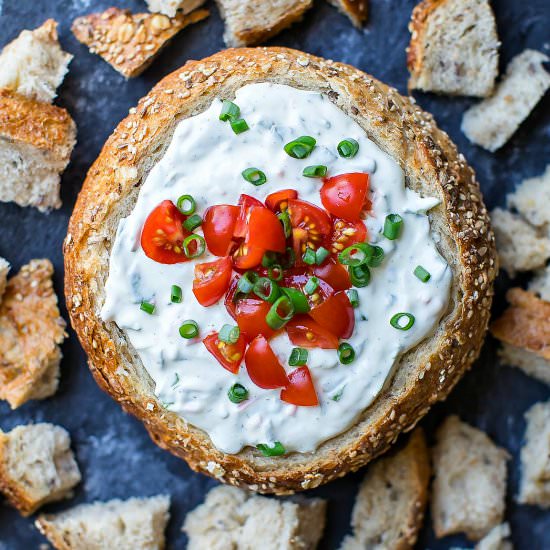 Fresh Spinach Dip in a Bread Bowl