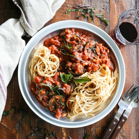 Tempeh Ragu Spaghetti with Eggplant