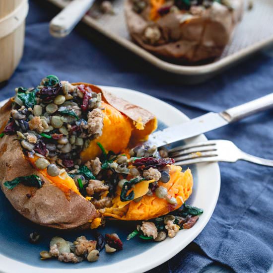 Turkey Sausage Stuffed Sweet Potato