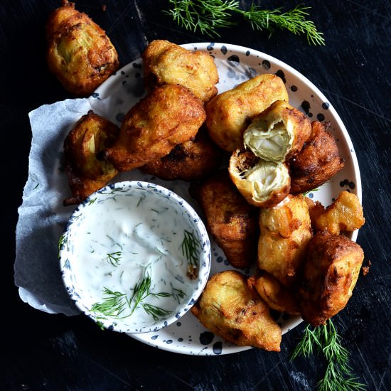 Artichoke Fritters with Dill Mayo