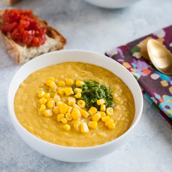 Sweet Corn Soup w/ Jalapeño Pesto