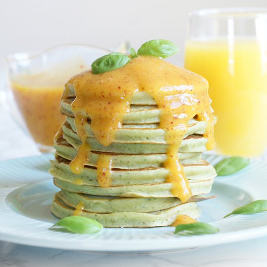 Basil Pancakes with Peach Mousse