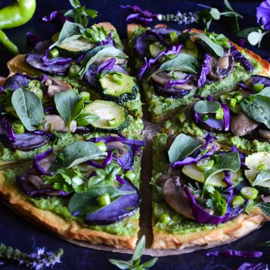 Socca pizza with arugula pesto