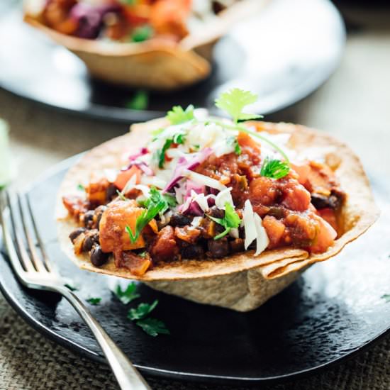 Sweet Potato Chili Tortilla Bowls