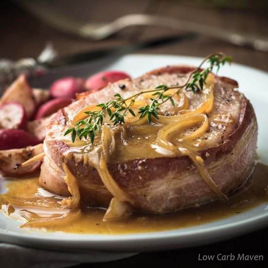 Bacon Wrapped Pork Chops with Glaze