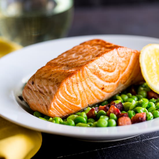 Seared Salmon with Peas and Chorizo