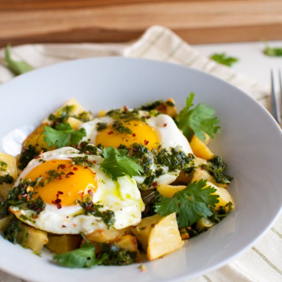 Chimichurri Topped Eggs & Potatoes