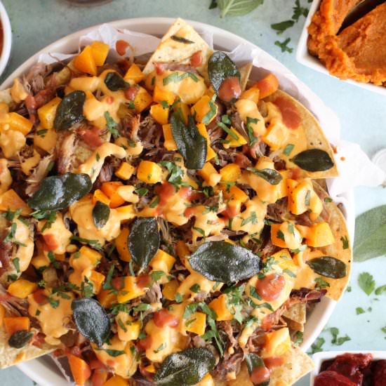 Pulled Pork Pumpkin Queso Nachos