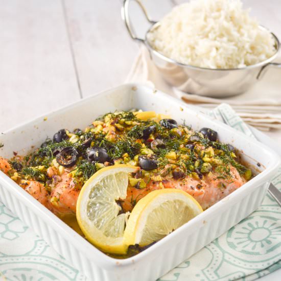 Baked Salmon w’ Greek Olives