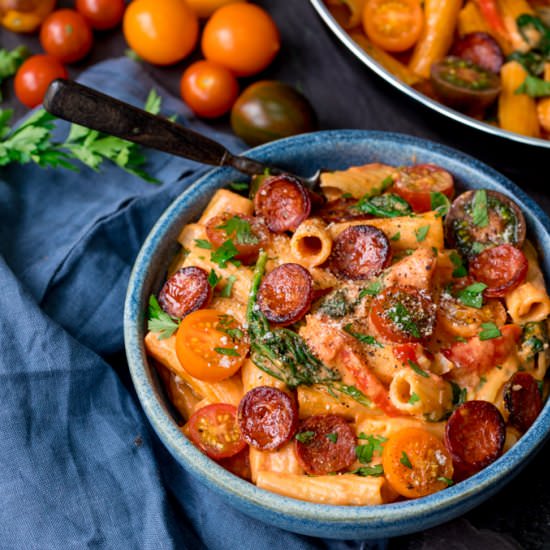 One pot tomato chorizo rigatoni
