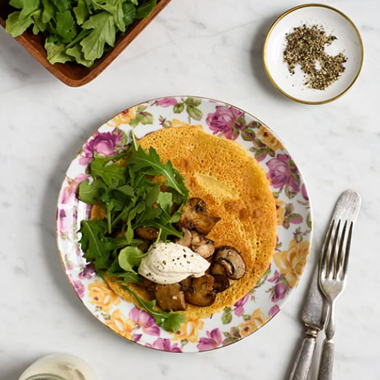 socca with mushrooms and arugula