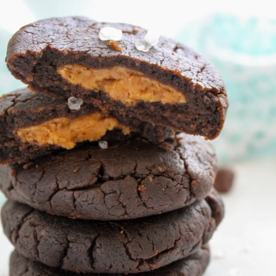 Carmel Stuffed Chocolate PB Cookies